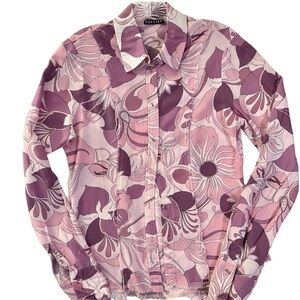 𝅺FOLLIES Vintage Long Sleeve Button Down Shirt Floral Design Raw Hem Size Large